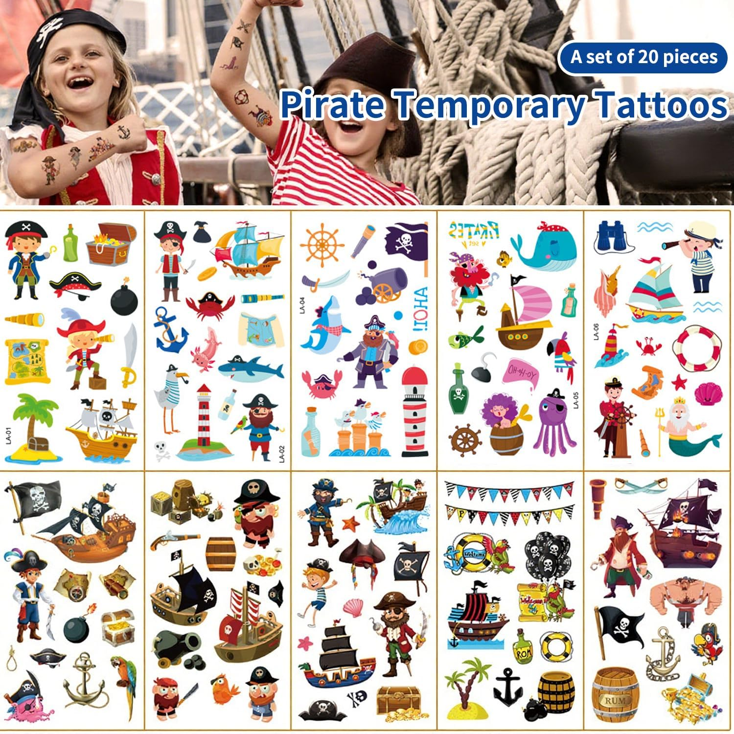 Shalve 20Pcs Pirate Temporary Tattoos Waterproof Fake Tattoos Stickers Gift Idea Fillers Birthday Party Favour Supplies School Prizes Rewards Holiday D&eacute;cor Classroom Rewards image number 1