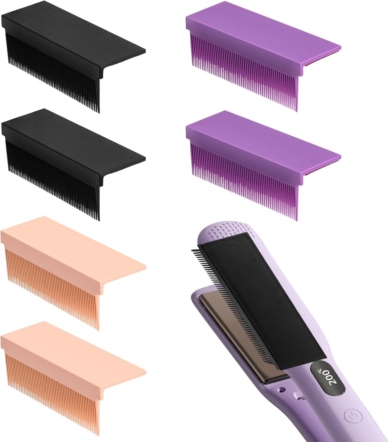 6Pcs Straightener Comb, Hair Straightening Comb Attachment for Flat Iron with 3 Color, for Black Hair Silk Press Home Travel Use (Purple, Pink, Black) image number 5