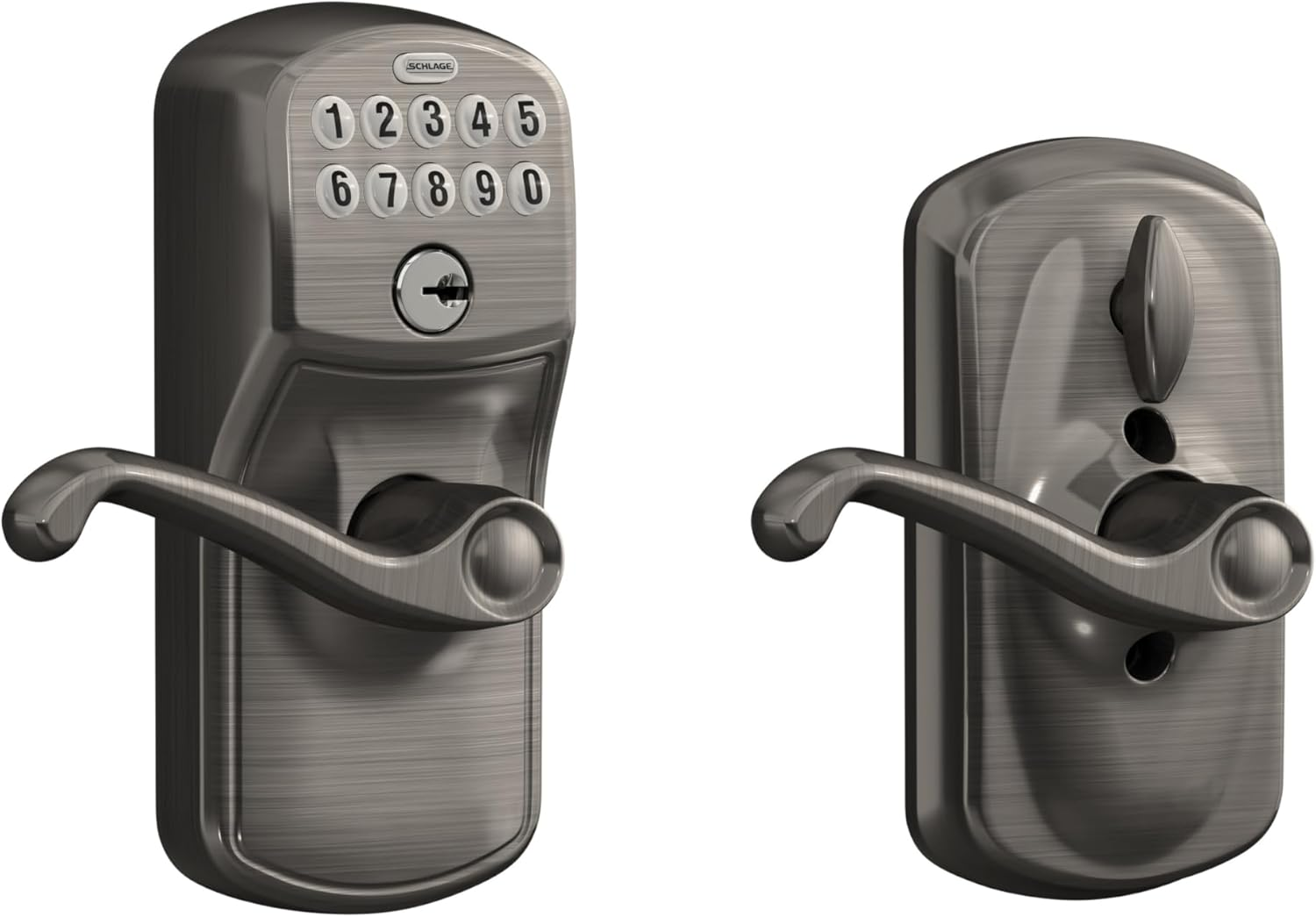 Schlage FE595 PLY 620 FLA Plymouth Keypad Entry with Flex-Lock and Flair Style Levers, Antique Pewter