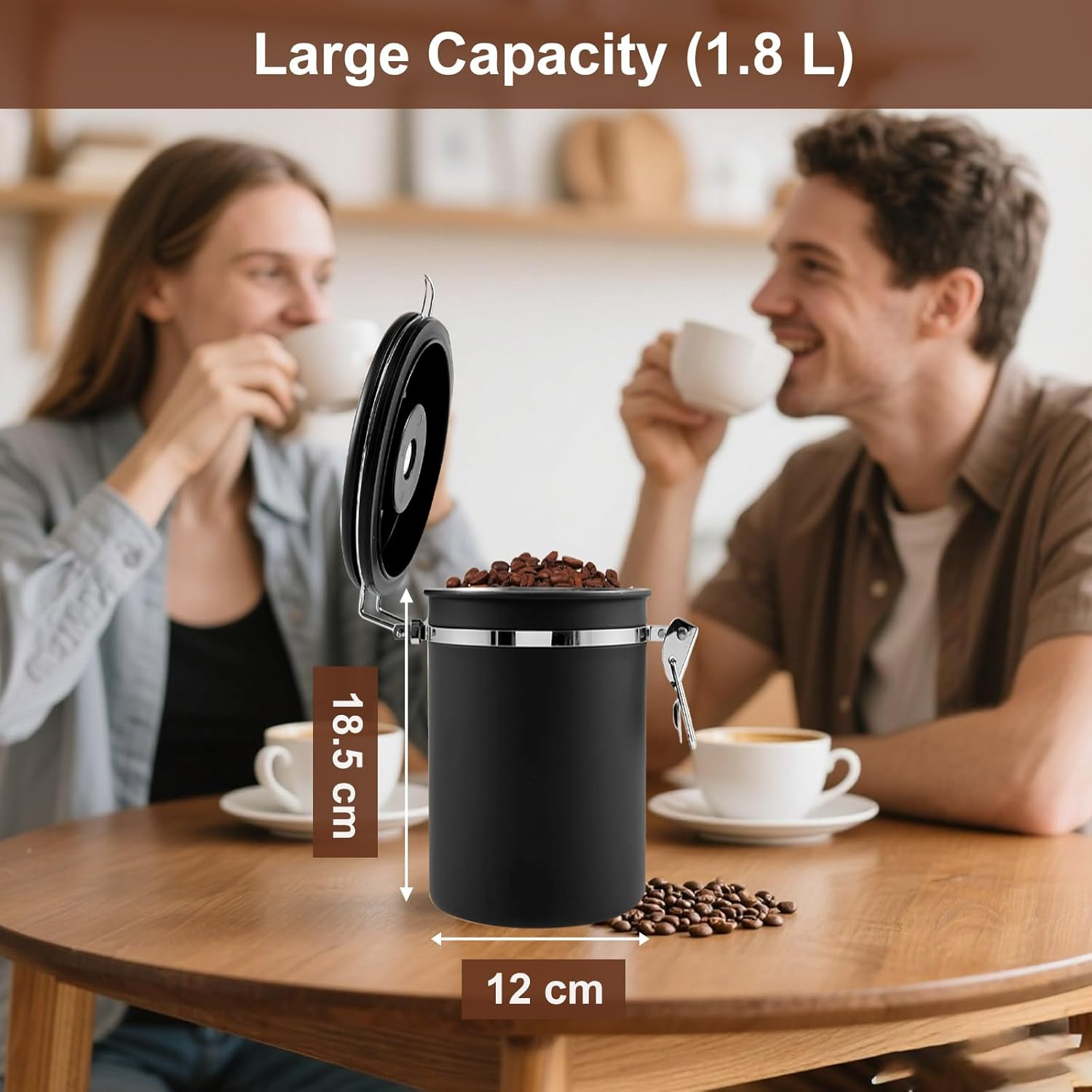 Airtight Coffee Canister with Scoop - Stainless Steel Coffee Grounds Container, Coffee Jar with Date Tracker and CO2 Valve, Coffee Bean Storage for Kitchen Counter or Coffee Bar (Black, 1.8L)