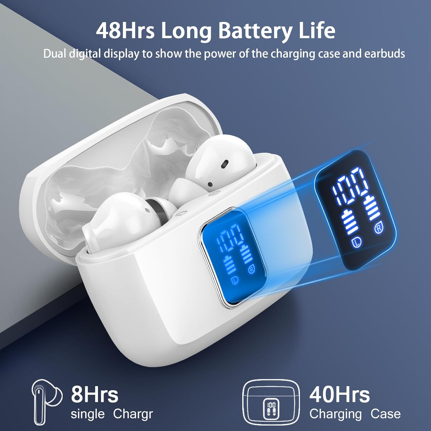Wireless Earbuds Bluetooth 5.3, 4 ENC Noise Cancelling in Ear Headphones with 48H Playtime, IPX7 Waterproof, LED Display, Comfort Fit for Sports, Moon White image number 1