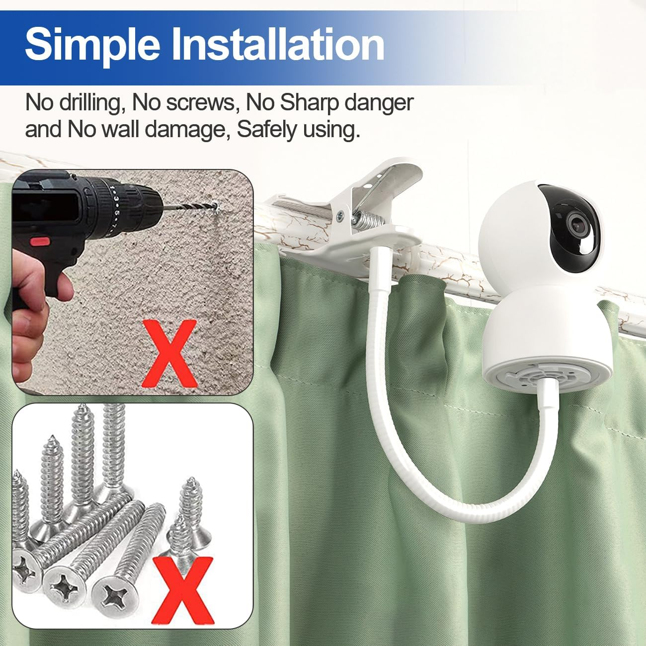 Universal Baby Monitor Holder-Flexible Gooseneck Arm Baby Monitor Clip Mount Stand with 1/4 Screw,No Drilling Required,Compatible with Arlo,Motorola,Vtech & Other Cameras(Clip on 0.3M) image number 3