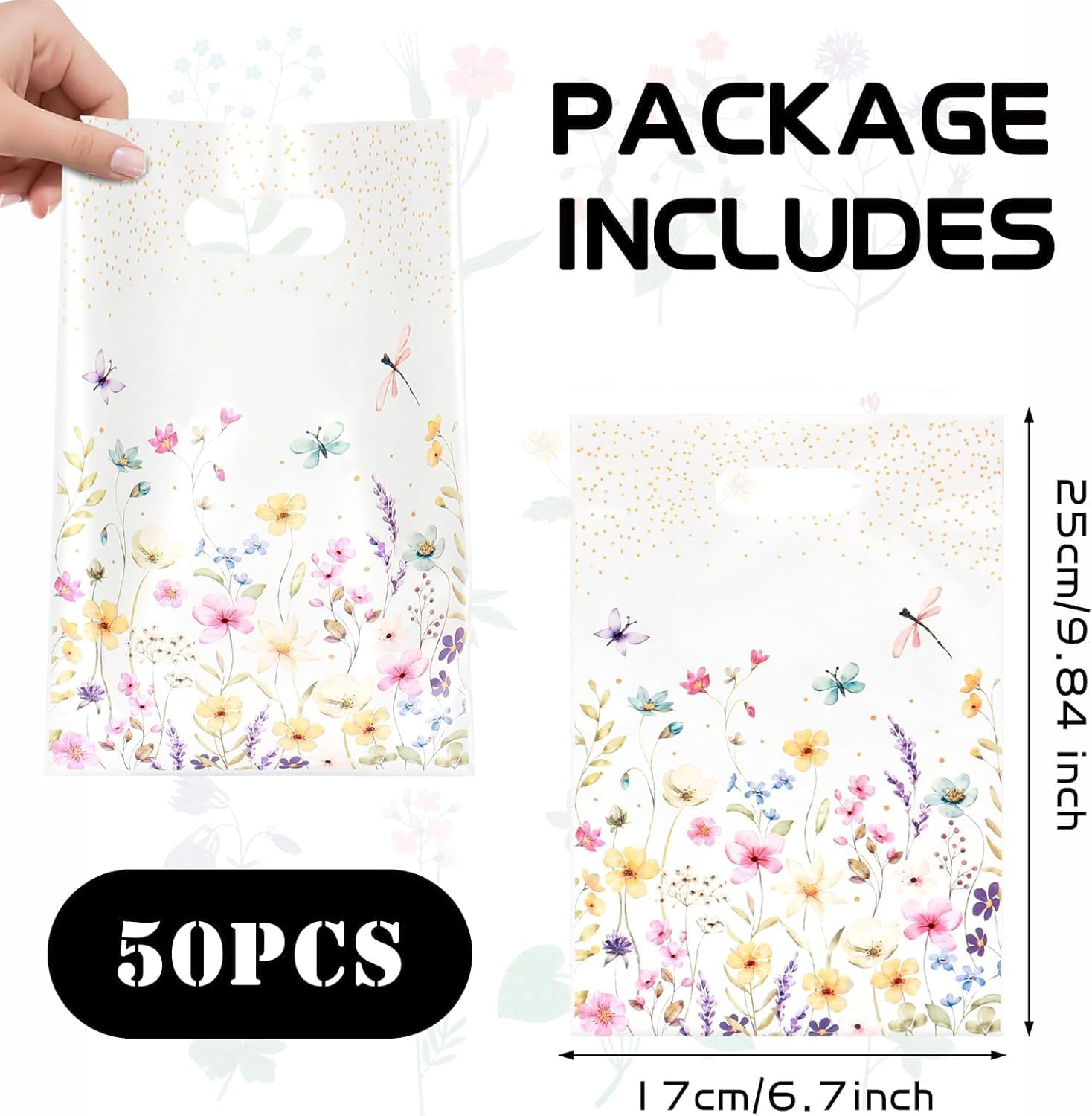 YJSPARKK 50 PCS Party Favor Bags,Goodie Candy Bags with Handles,Flower Pattern Plastic Small Gift Bag Bulk for Birthday,Baby Shower, Wedding, Thanksgiving,Christmas, New Years image number 1