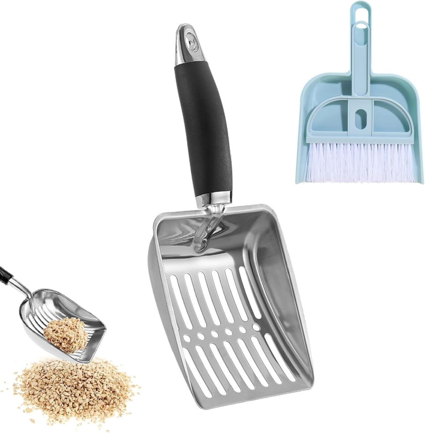Cat Litter Shovel Metal, Cat Litter Scoop Broom Set, Cat Litter Shovel Cleaning Tool with Plastic Shovel Broom Set, Cat Litter Scoop Set for Pets Cats