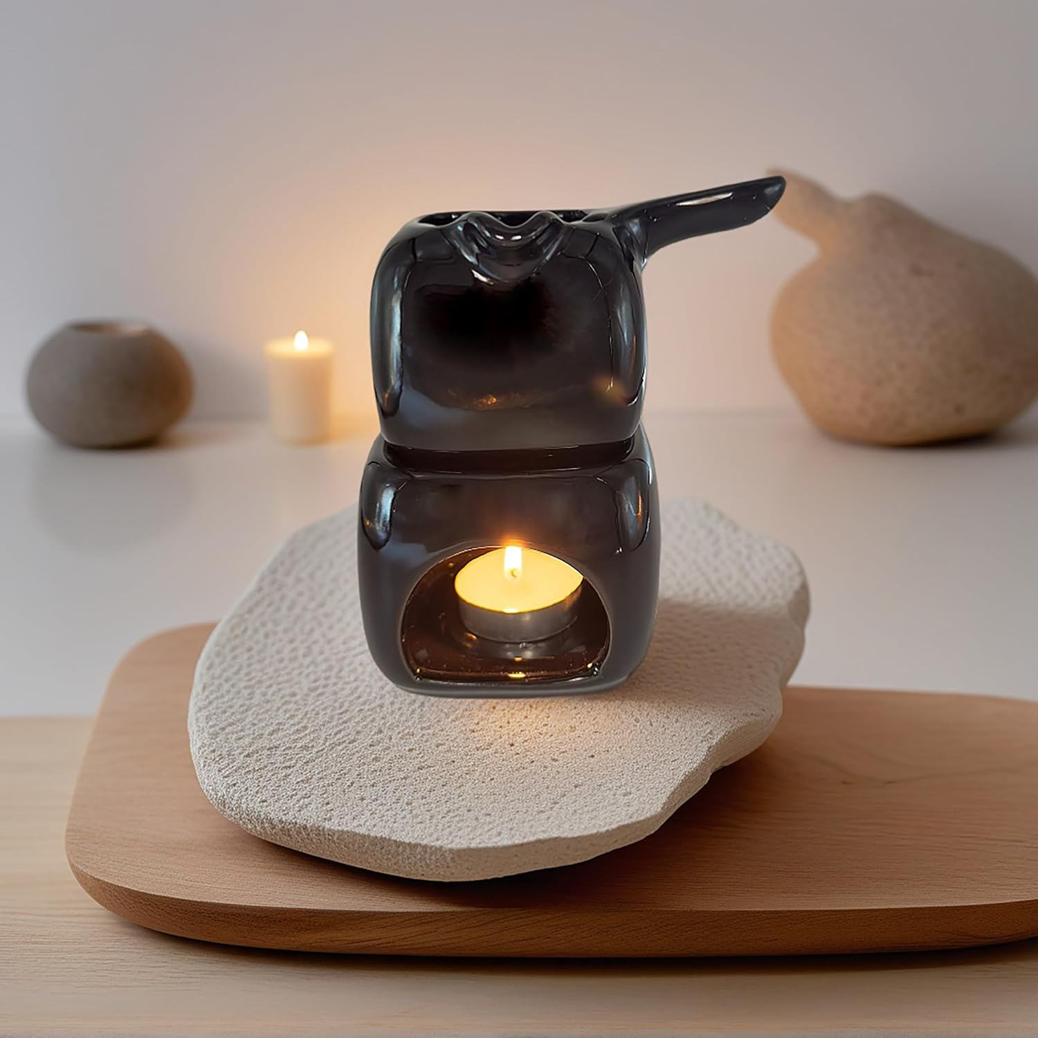 Black Ceramic Candle Diffuser, Tea Light Wax Melt Warmer, Oil Burner for Scented Oil - Black image number 4