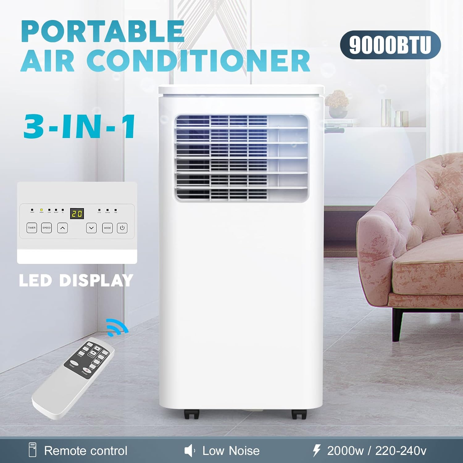 Advwin 9000BTU Portable Air Conditioner, 2.5Kw Portable AC Unit with Cooling, Dehumidifier & Fan, 4-In-1 Air Cooler W/Window Mount Kit for 20-25㎡ Rooms image number 5