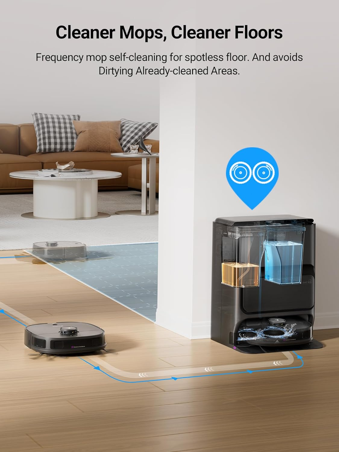 Eureka J12 Ultra Robot Vacuum Cleaner and Mop, Auto Clean and Auto Empty, 5000PA Suction, 3D Dual Laser+Ai Obstacle Detection, Dual Spinning Mops, Self-Washing and Self-Drying, Work with Alexa, Black image number 6