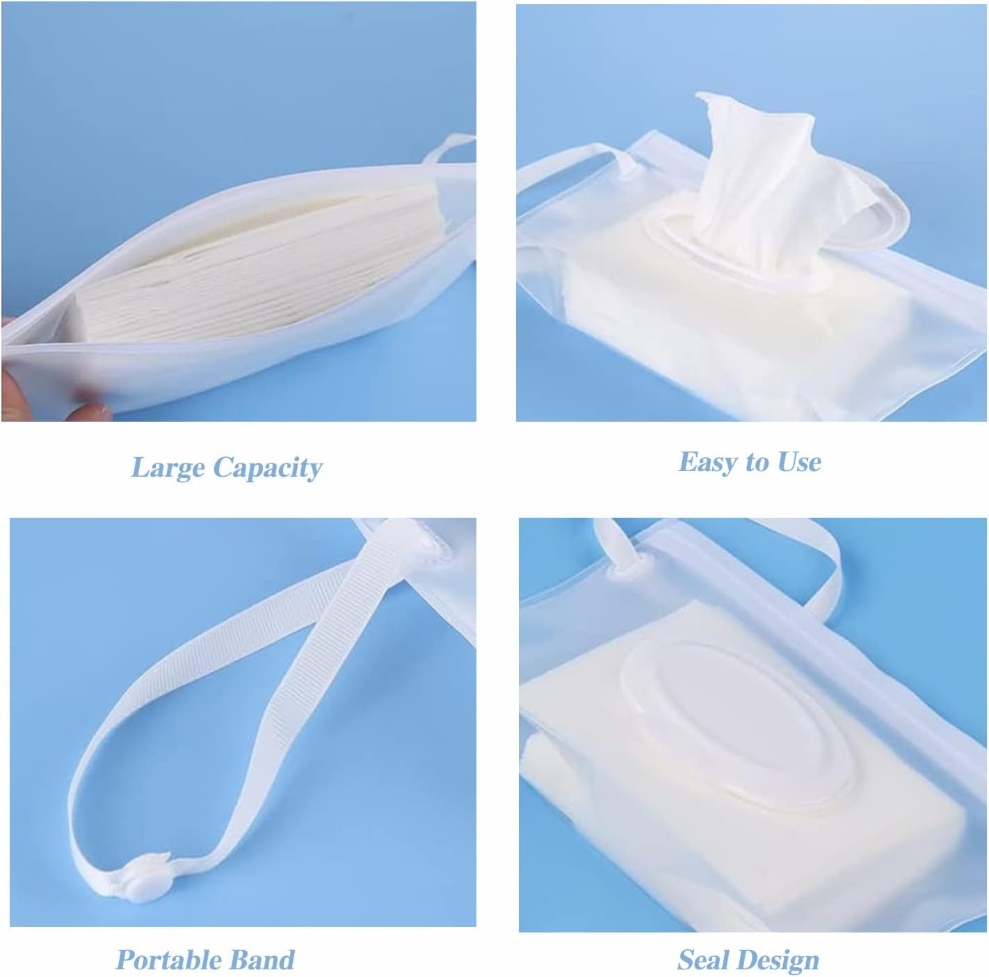 4 Pack Reusable Wet Wipes Pouches ，Frosted - Eco-Friendly and Lightweight Refillable Dispenser for Baby & Travel ，Office Worker，Hiking，Wrist Strap & Moisture Lock image number 2