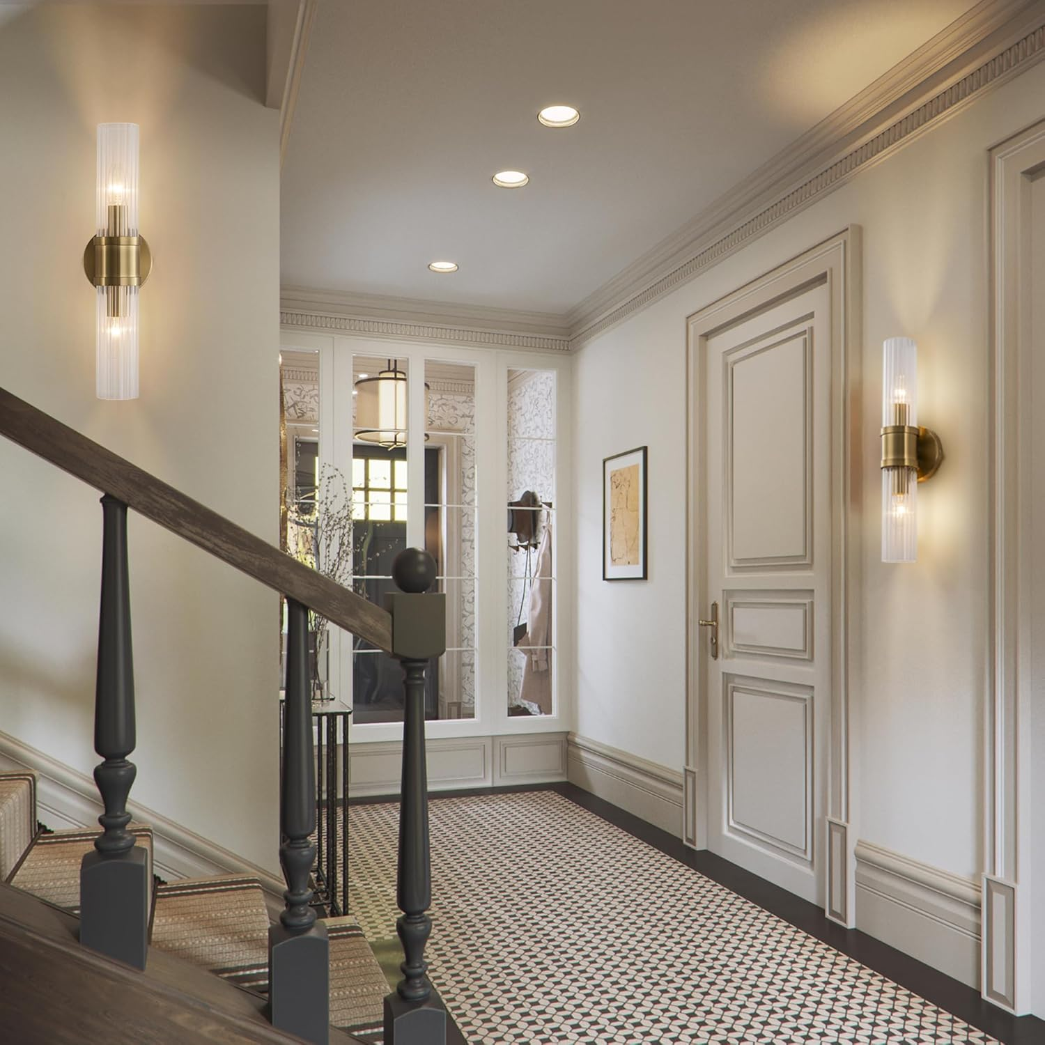 FTL Gold Vintage Wall Sconces Lighting, 2-Lights Wall Lights Indoor Wall Lamp with Clear Striped Glass Lampshade and E14 Bulb Socket, Wall-Mounted Wall Lamp Lighting Fixture for Bathroom,Bedroom,Porch image number 1