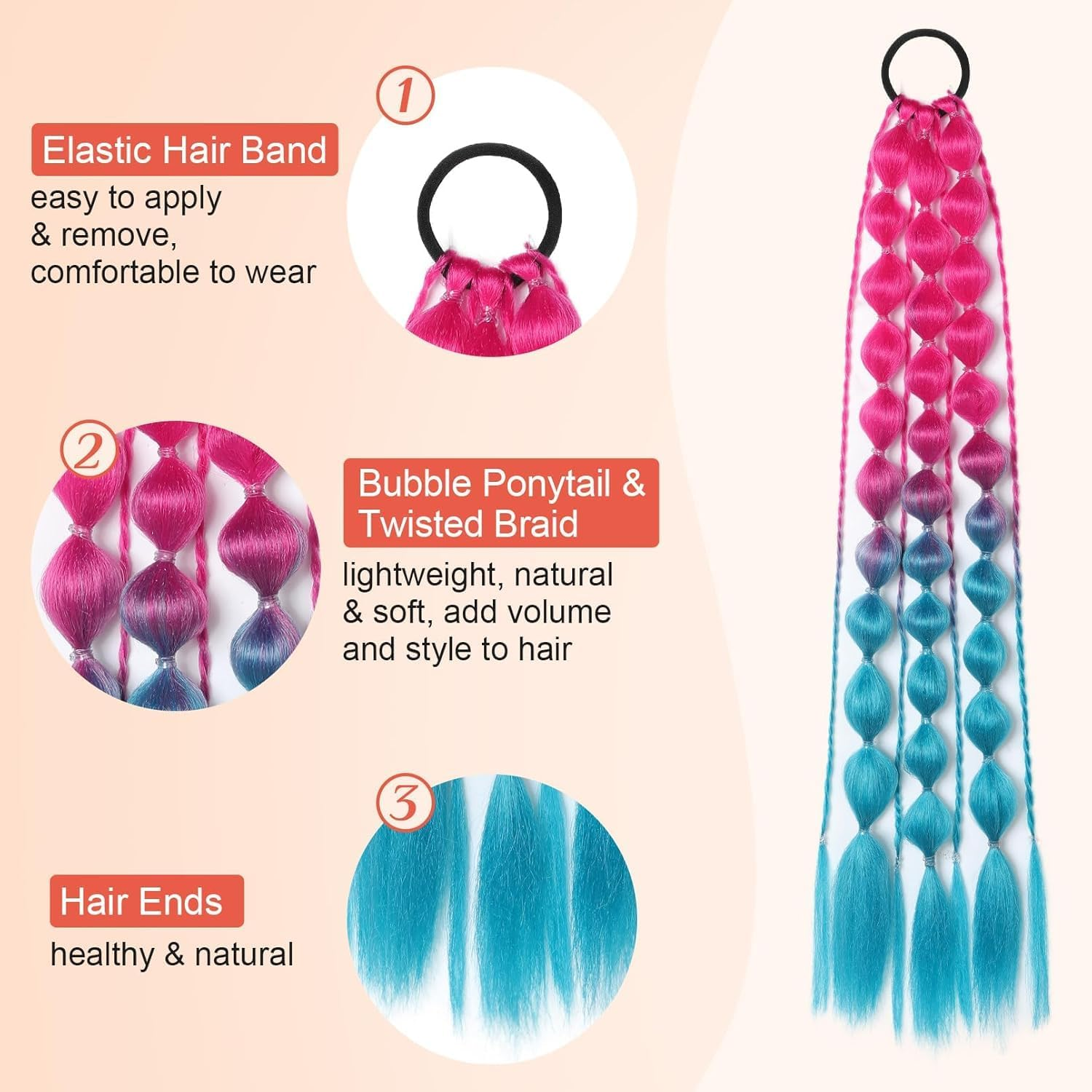 2 PACK Colorful Hair Extensions, POIUNA Upgrade 24" Long Braiding Hair Hair Extensions Braid Synthetic Fiber Hair for Women Girl Bubble Braid (Blue) (Purple) image number 2