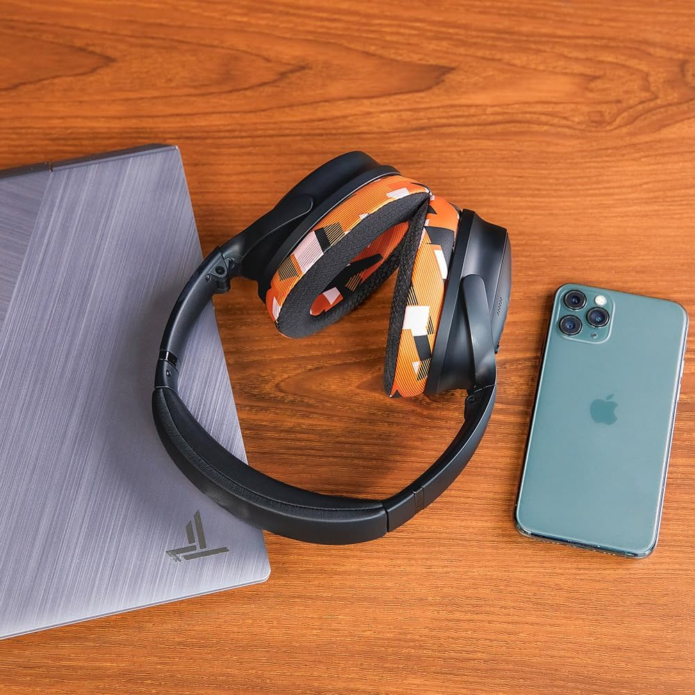 WC Freeze QC35 - Cooling Gel Ear Pads for Bose QC35 & Qc35Ii (Quietcomfort 35) Headphones & More | Breathable Sports Fabric, Cooling Gel, Extra Thick & Cooler for Longer | Orange Prism - Black image number 4