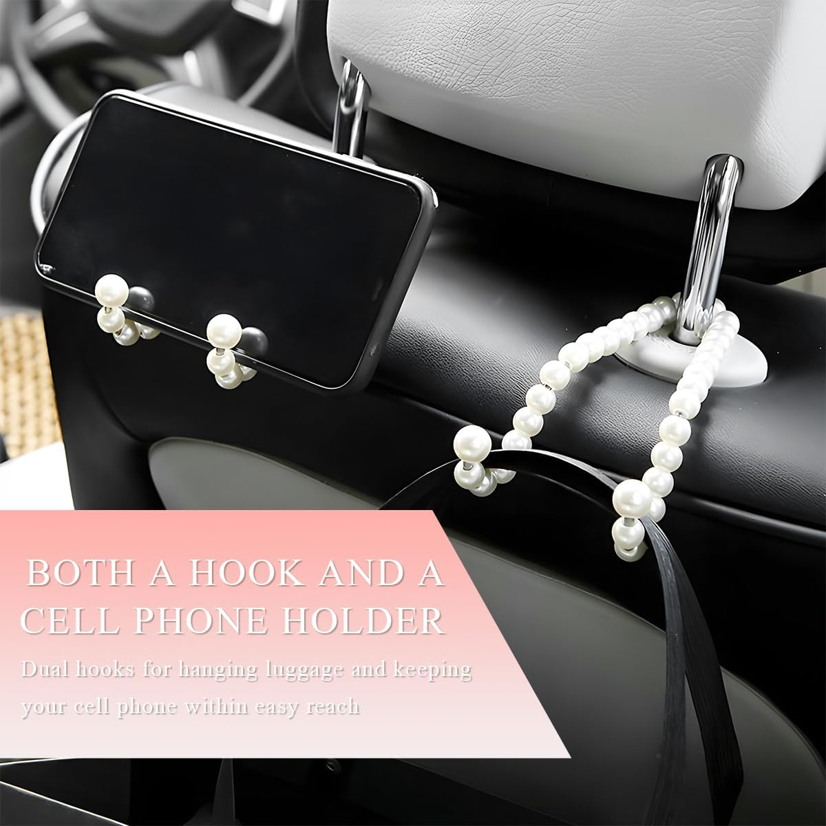 2 PCS Elegant Pearl Car Seat Headrest Hook, Cute Car Seat Hook Hanger Storage Organizer for Handbag Purse, Interior Decoration Headrest Hanger for Women Girls, Car Accessories image number 1