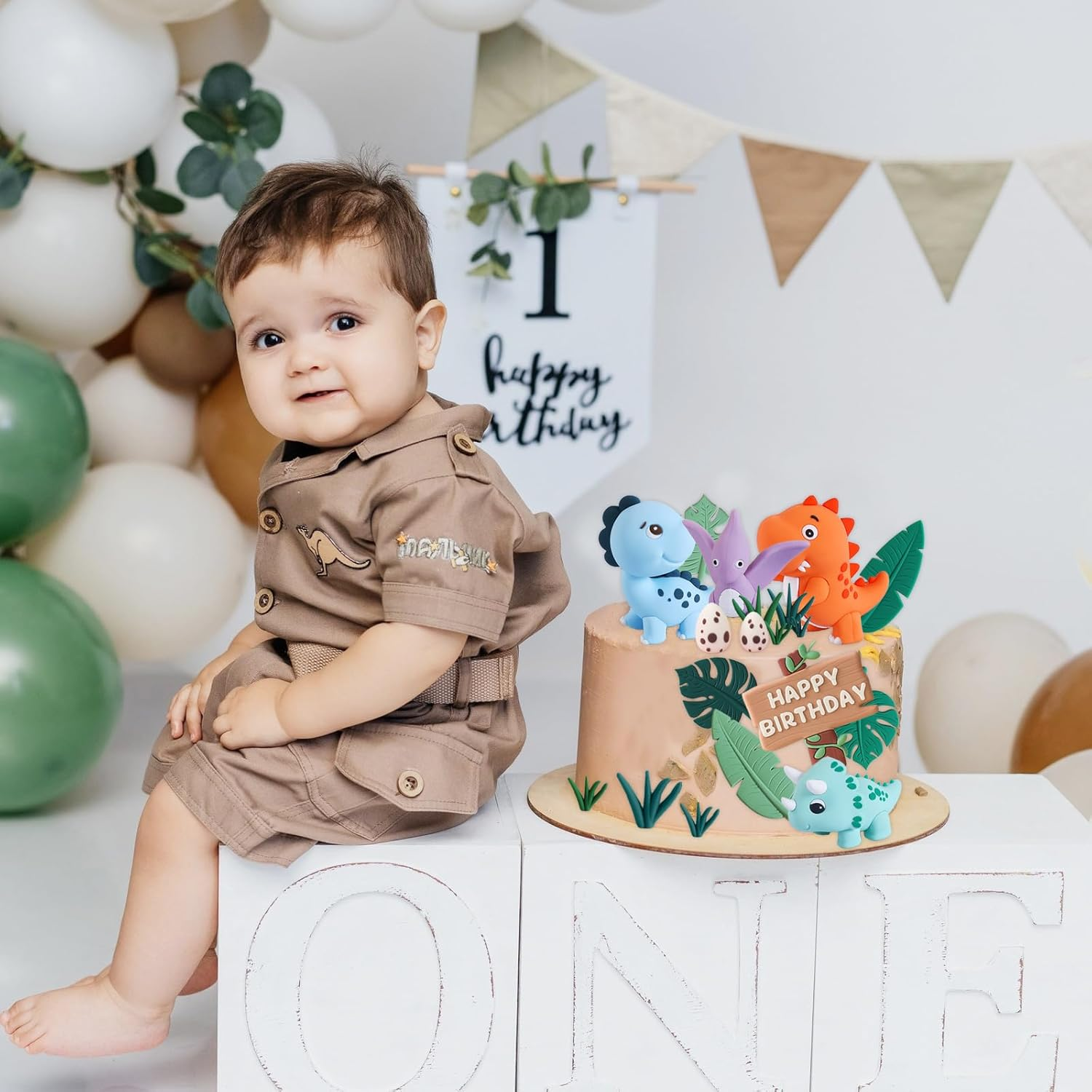 Chris.W 17 PCS Dinosaur Cake Topper Set, Dinosaur Eggs Leaves Grasses Cake Decorations with Happy Birthday Sign Cake Toppers for Birthday Party Decors, Safari Animal Themed Party Supplies image number 2