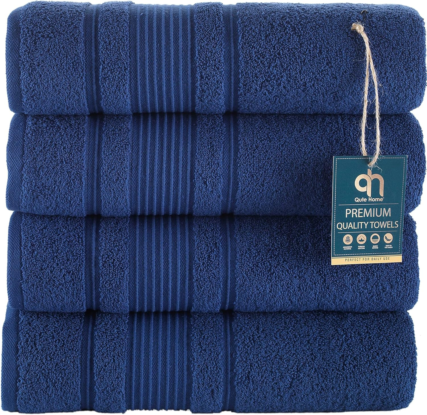 Qute Home 4-Piece Bath Towels Set, 100% Turkish Cotton Premium Quality Towels for Bathroom, Quick Dry Soft and Absorbent Turkish Towel, Set Includes 4 Bath Towels (Navy Blue)