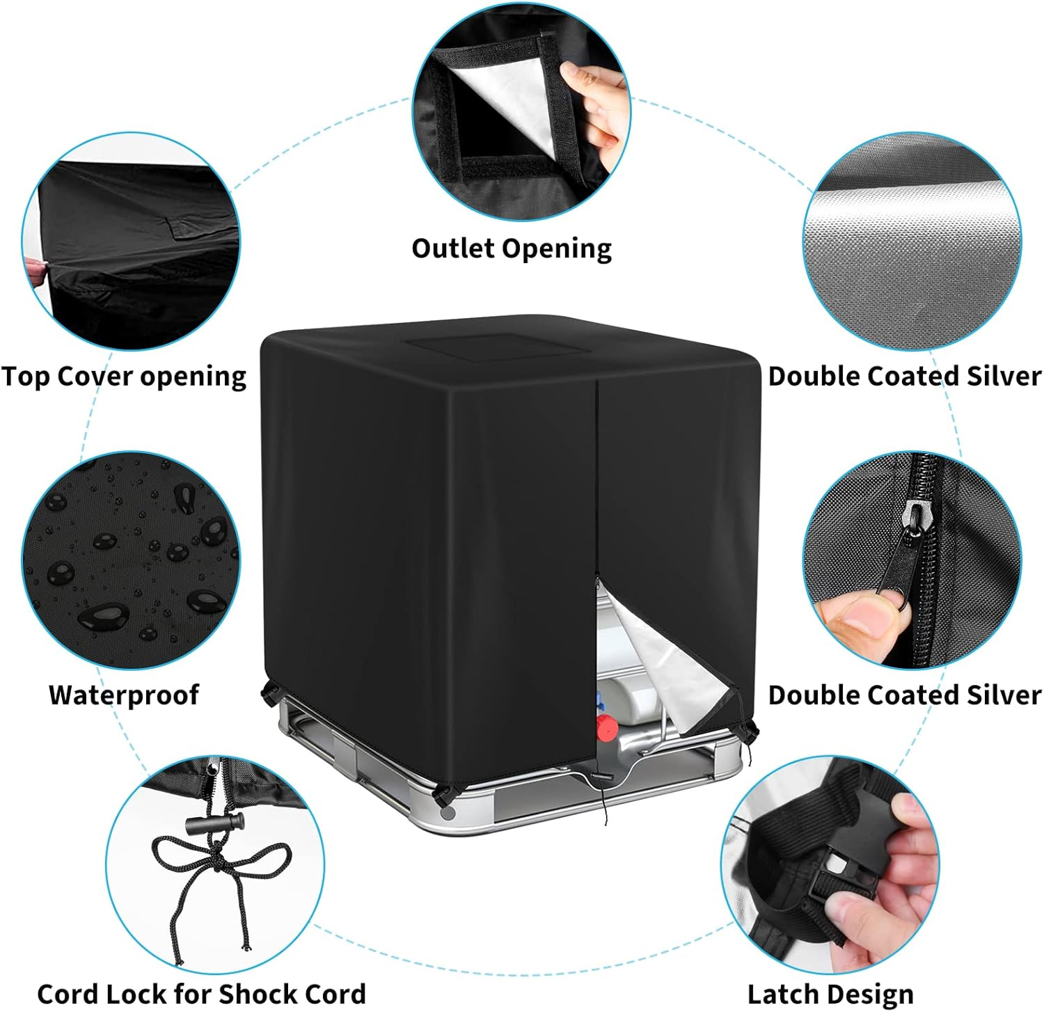 Zipper IBC Tote Cover Barlic 275 Gallon for 420D 1000L Outdoor Water Tank Protective Cover(Black)