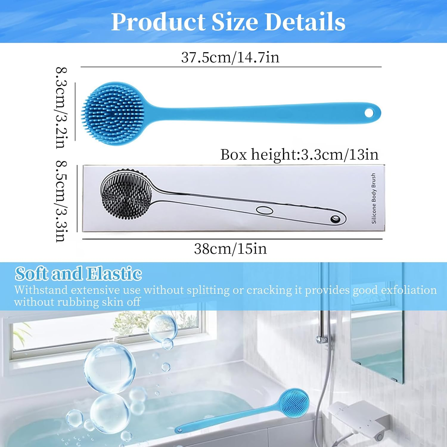Silicone Back Scrubber for Shower, Double Sided Shower Brush for Shower Exfoliating and Massage, Body Bath Brush with Long Handle, Long Handle Back Scrubber for Men and Women, Exfoliation Brush (GRY)