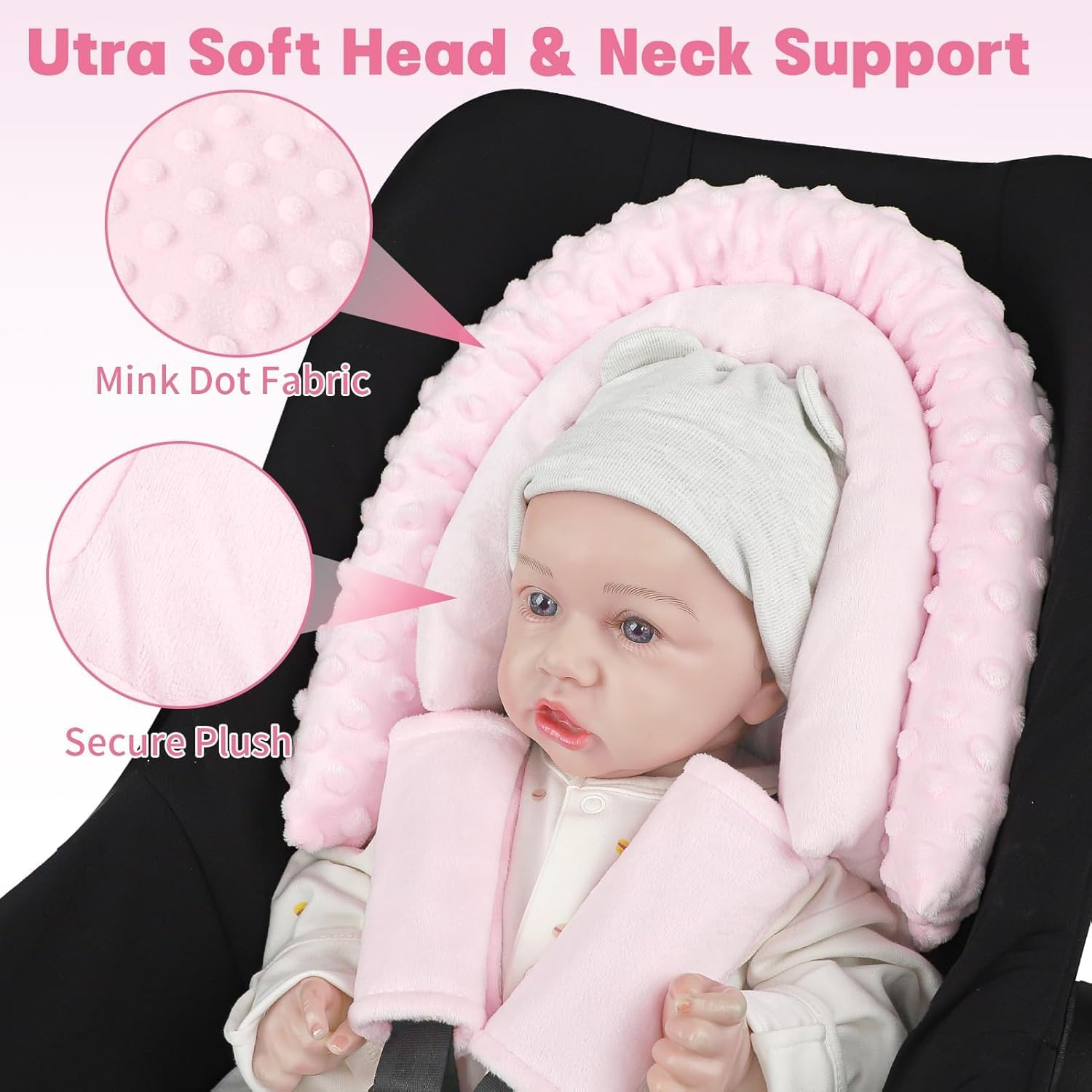 Infant Car Seat Insert, HNHUAMING Baby Car Seat Head & Body Support with 2 Straps Pads, Ultra Soft Newborn Preemie Carseat Insert Cushion for Girls Boys, Fits Car Seat, Stroller, Swing, Bouncer(Pink)