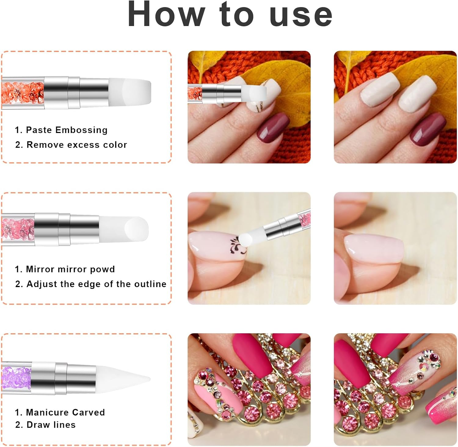 Pack of 5 Nail Art Sculpture Pen with Two Tips Silicone Nail Brush Gel Nail Carving Brush Nail Art Tools for Design, Nail Foil, Drawing, Shaping image number 5