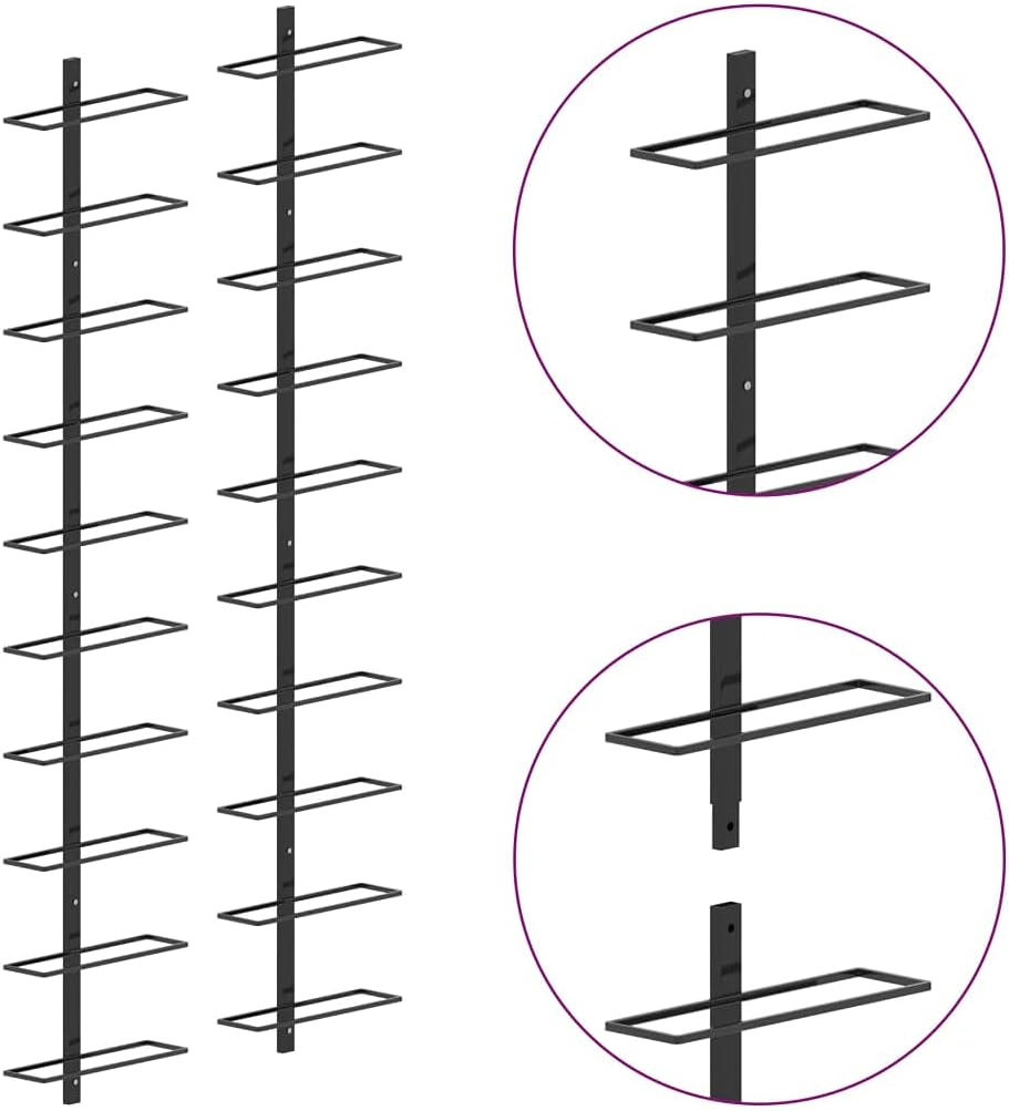 Vidaxl 2Pcs Wall-Mounted Powder-Coated Metal Wine Racks in Black, Holds up to 20 Bottles image number 2