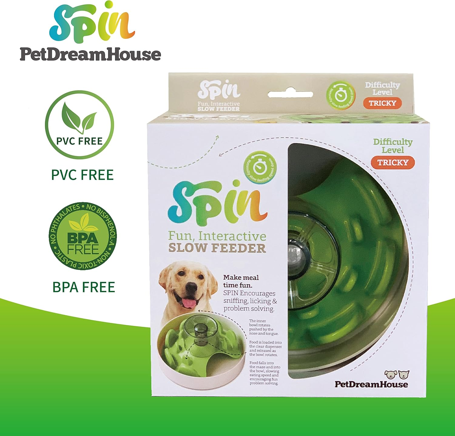 Petdreamhouse Spin Interactive Slow Feeder Puzzle for Dogs, UFO Maze, Difficulty Level - Tricky, Green