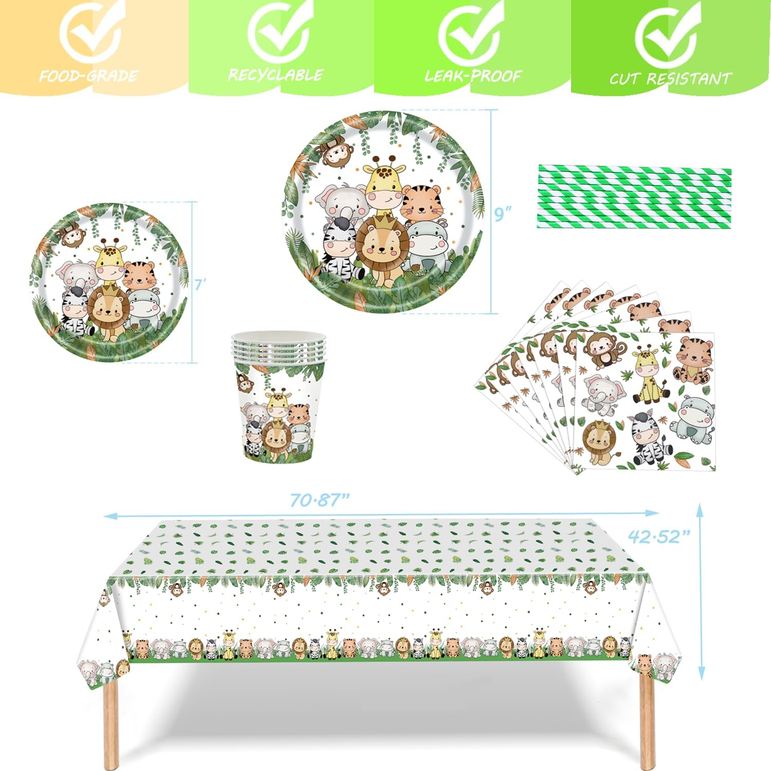 Safari Baby Shower Decorations, Jungle Animal Party Supplies Serves 20, Green Animals Tablecloth, Happy Birthday Banner, Balloons, Plates, Napkins, Cups for Baby Shower Safari Birthday Party Supplies image number 3