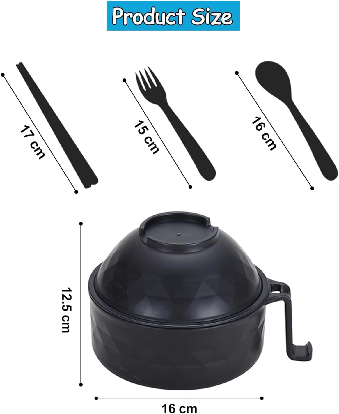 Yharnamite 6 Pcs Ramen Bowl Set, Ramen Noodle Bowls with Chopsticks, Spoon, Fork, Strainer and Lid, Microwave Ramen Cooker, Ramen Pot Set for Dorm Room, Apartment, Home, Office (Black) image number 5