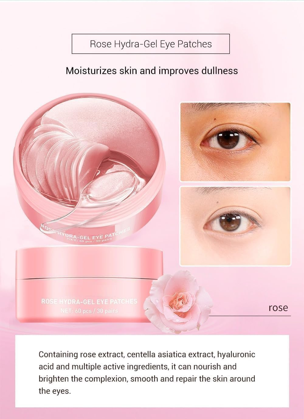 Rose Hydra-Gel under Eye Patches (60 Pcs/30 Pairs) - Collagen & Hyaluronic Acid Eye Masks to Reduce Wrinkles, Fine Lines, Dark Circles & Puffiness, Firming Gel Pads for Men & Women image number 3