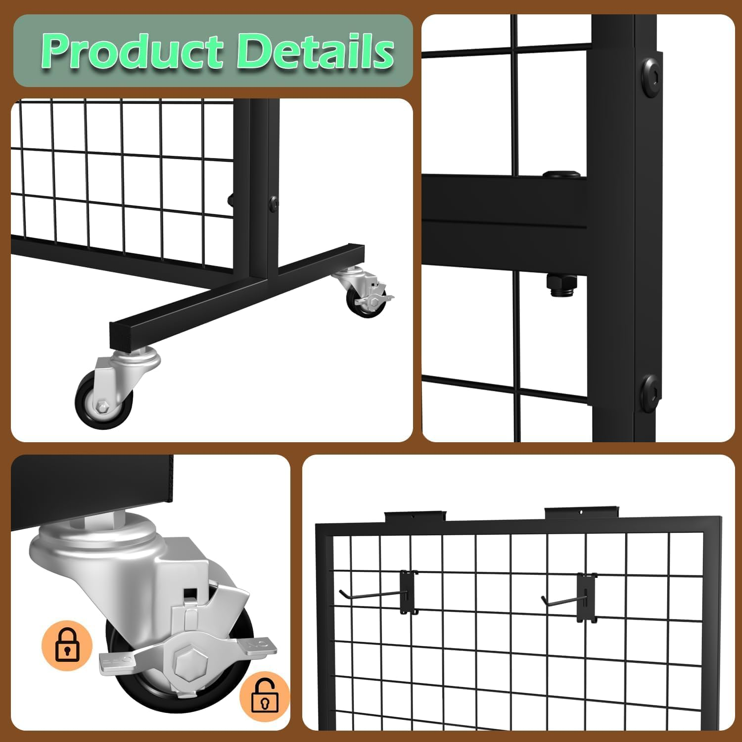 Lhysn Grid Wall Panel Display Stand, Retail Rack, Shop Display Rack, with 15 Hooks, Heavy Movable Detachable Gird Rack for Easy Transport, Party/Double Side Display Stand, for Shop/Office/Home (1 PC) image number 3