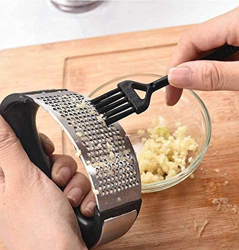 Checkered Chef Garlic Press Stainless Steel Rocker - Includes Silicone Garlic Peeler and Cleaning Brush - Rocking Garlic Press/Mincer/Chopper/Crusher