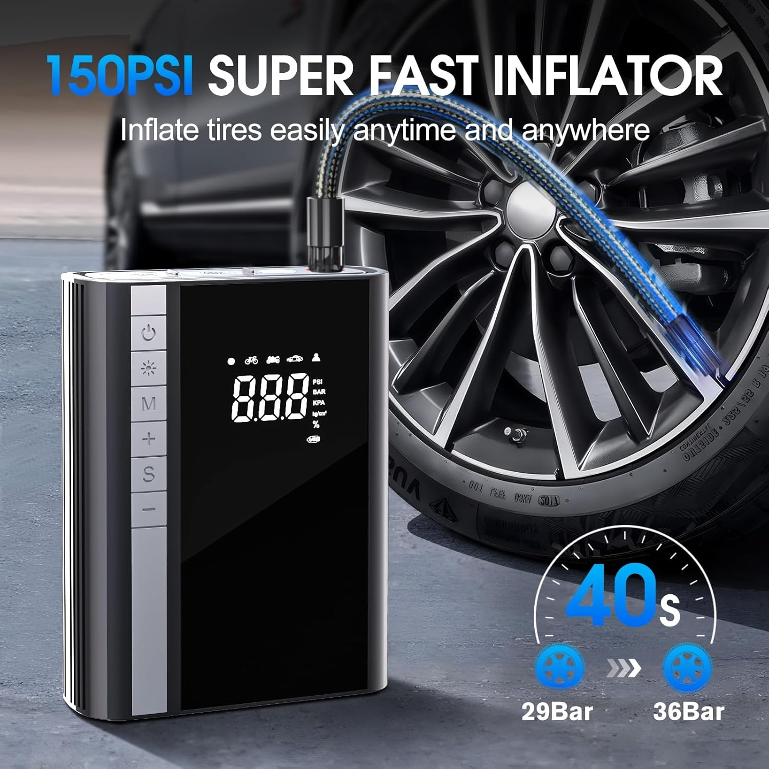 Car Jump Starter with Air Compressor, 10000Mah Battery Pack Jump Starter 1500A Peak for up to 7.0L Gas and 5.5L Diesel Engine, 12V Battery Booster Jump Box with LED Display/Flashlight/Jumper Cable/Usb image number 6