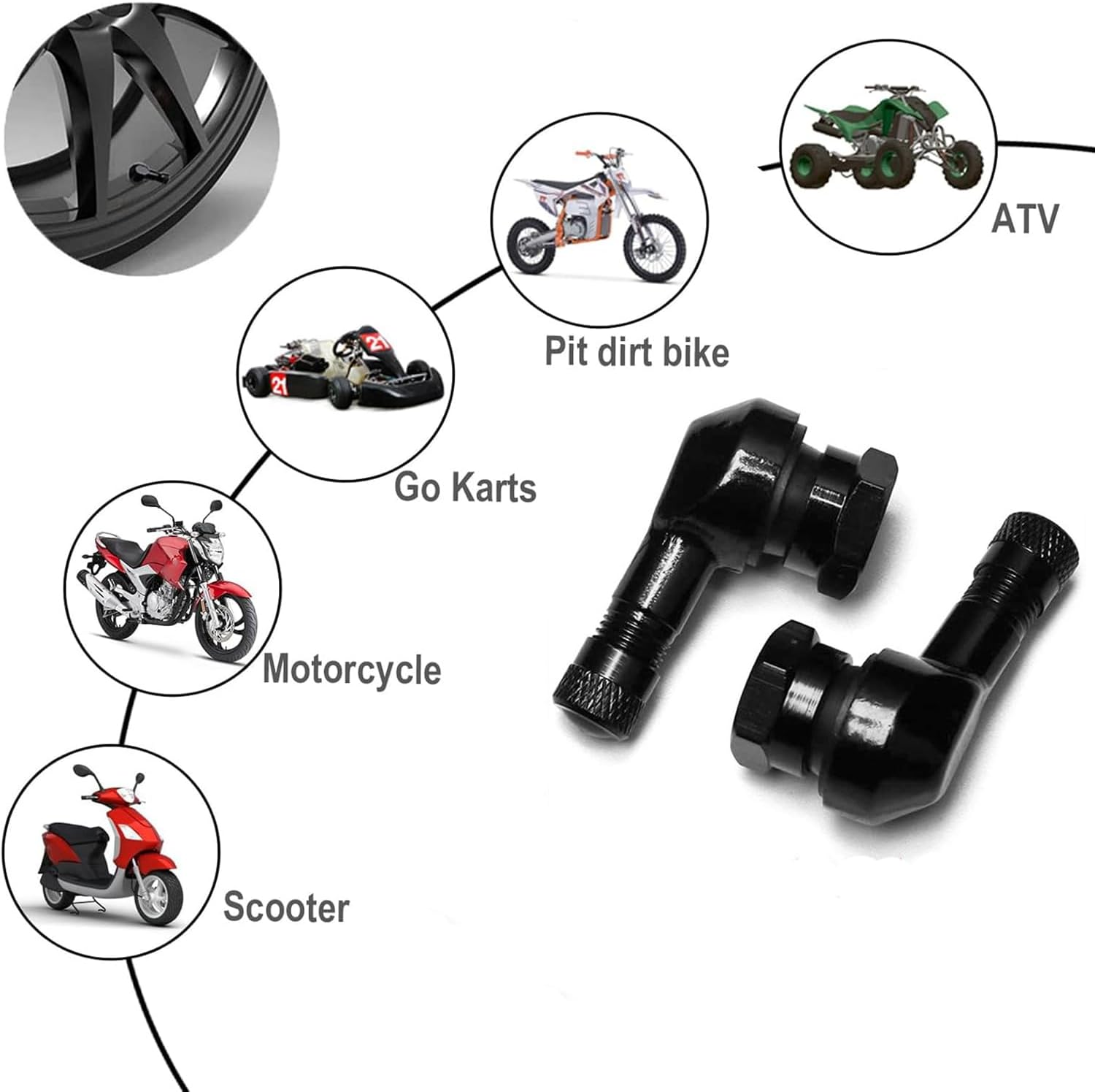 2PCS CNC Motorcycle Tire Valve Stems, 90 Degree Aluminum Alloy Valve Air Stems for 10 to 11.3 Mm Tubeless Tires, Rim Wheel Valve Angle with Rubber Seals for Most Motorcycles Bikes Scooters image number 3