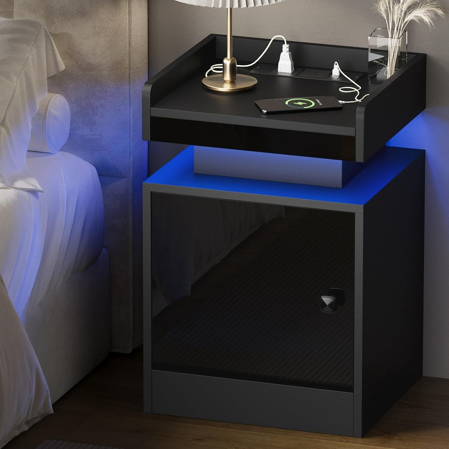 Oikiture LED Bedside Table with Marble Surface and Remote Control 2 Drawers Bed Side Table Black