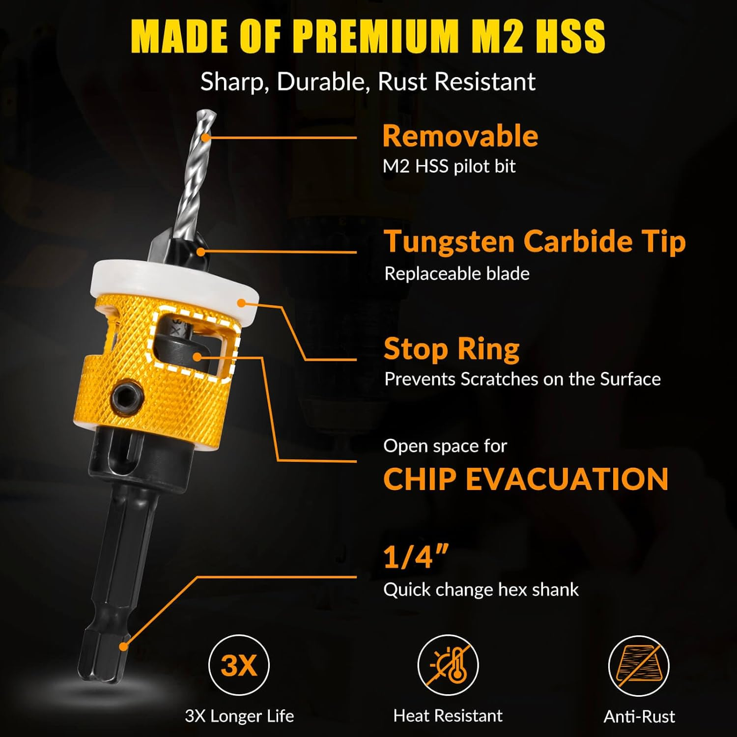 5PCS Countersink Drill Bit Set, Low Friction Depth Stop, 1/8 9/64" 5/32" Drill + 3/8&rdquo; 82&deg; Counter-Bore, 11/64" 3/16" Drill + 1/2" 82&deg; Counter-Bore, 1/4" Hex Shank, for Woodworking, with Storage Box