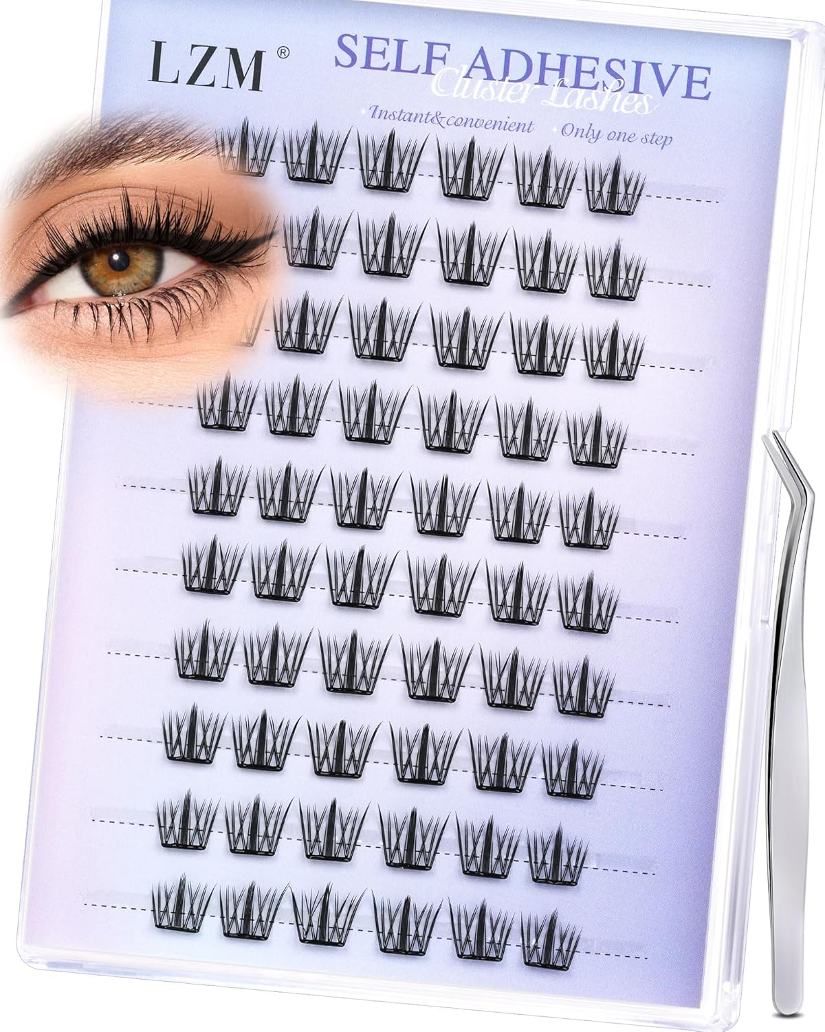 LZM Pre Glued Lash Clusters Self Adhesive Lash Clusters Kit with Tweezers Pre Glued Press-On Eyelashes No Glue/Remover Needed, Easy to Apply, Thin Band Eyelash Extensions