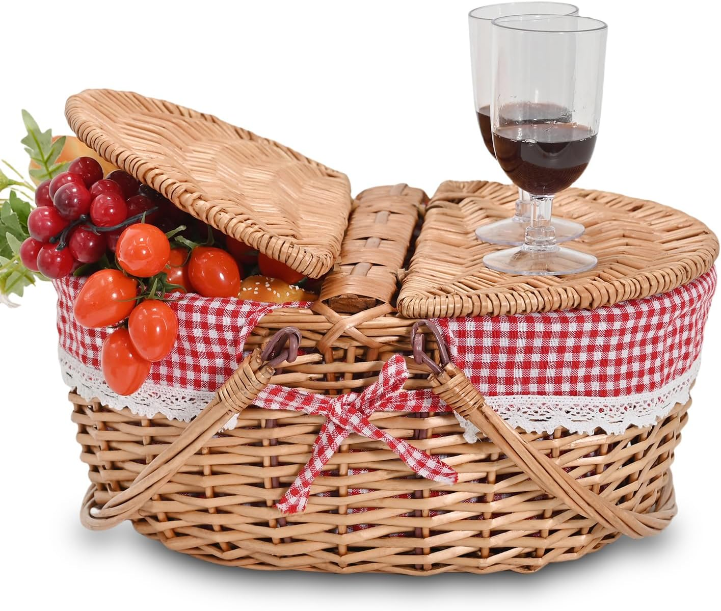 Wicker Picnic Basket with Removable Liner Empty Picnic Baskets with Lid for 2, Picnic Hamper with Foldable Handles for Picnic 2,Checkered image number 2
