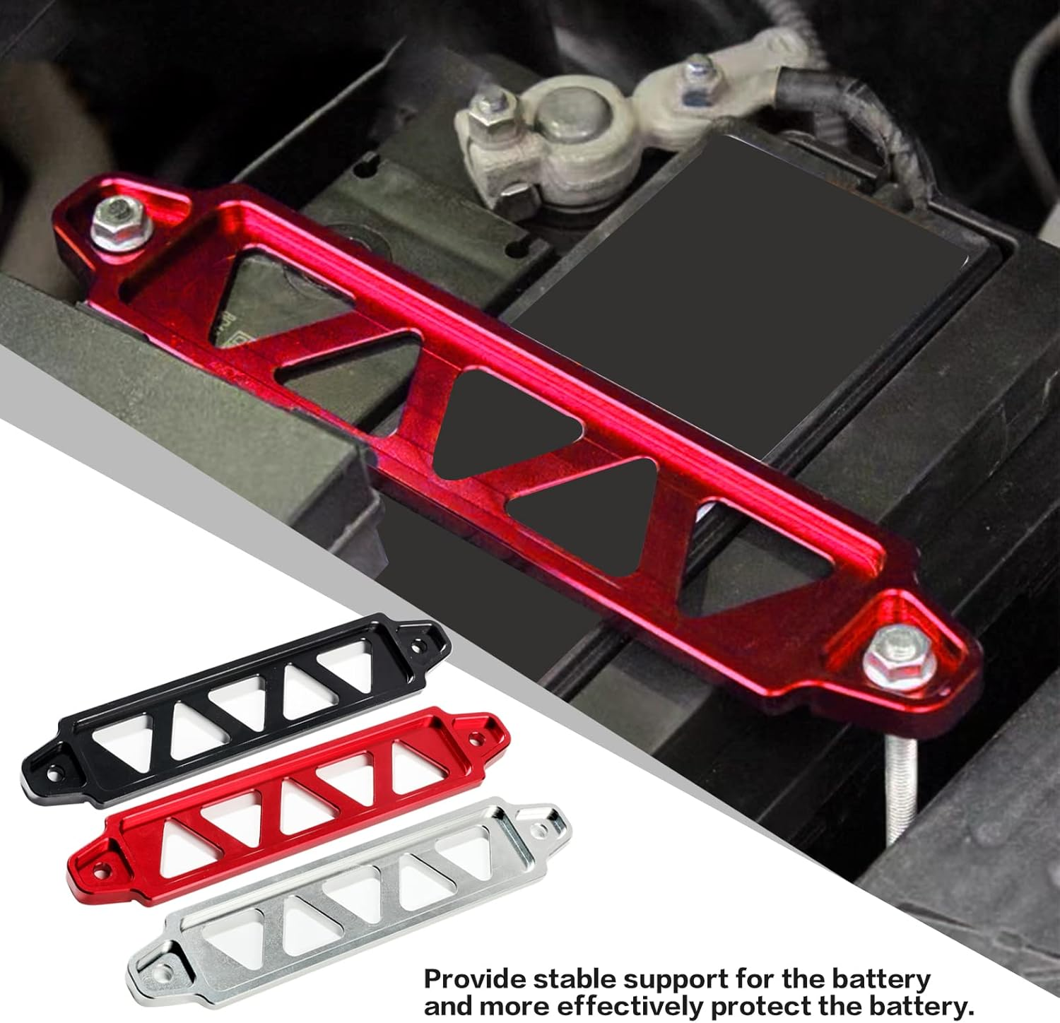 Battery Hold down Bracket Holder, Car Battery Holder Kit with 10In J Bolts,Aluminum Alloy Battery Tie down Mount Bracket, Battery Tray for Car Battery Mount Bracket Hold Lock Accessories (Black)