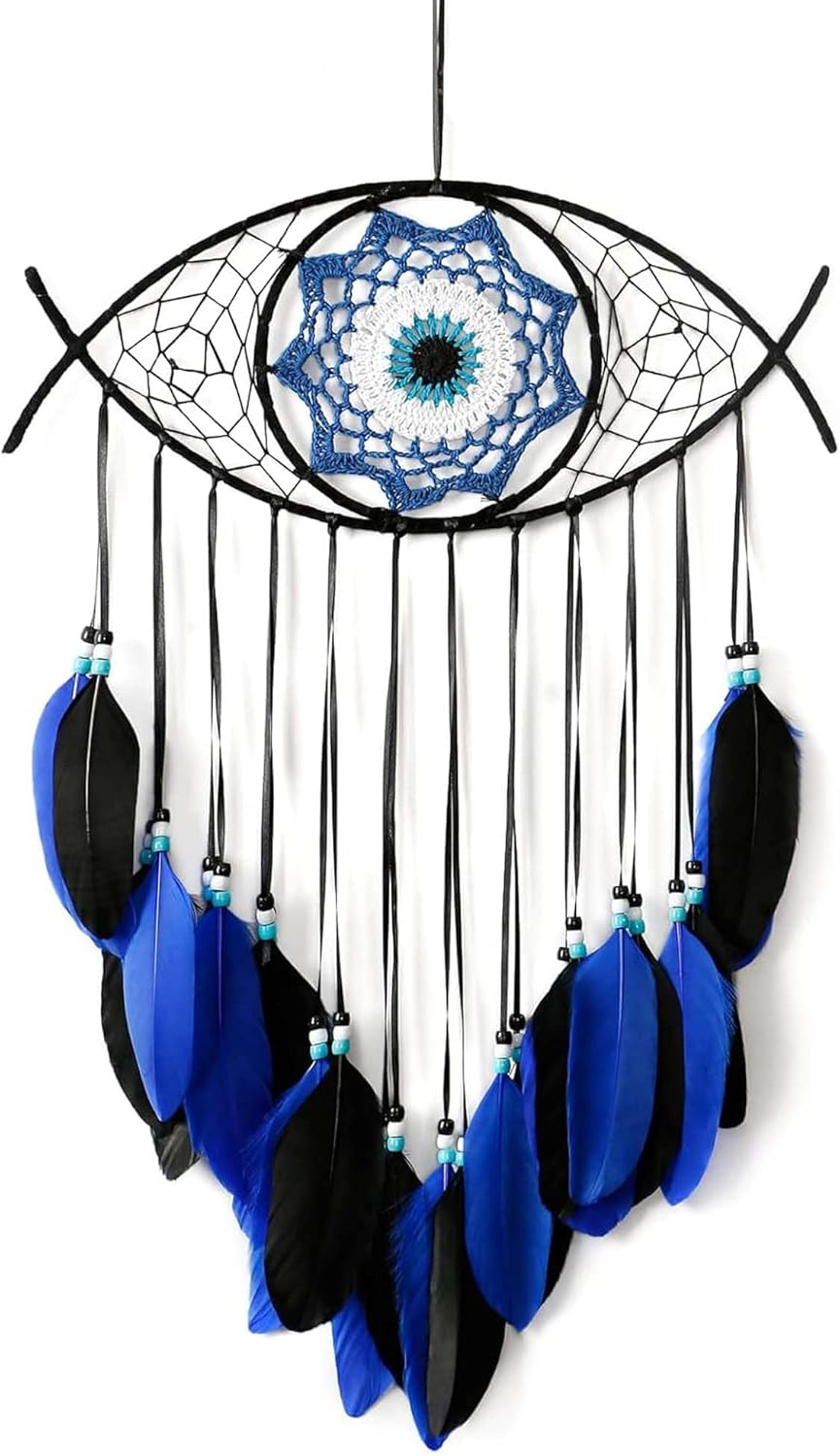 Evil Eye Dream Catcher - Handmade Feather Wall Hanging Decor for Protection, Good Luck & Home Blessing