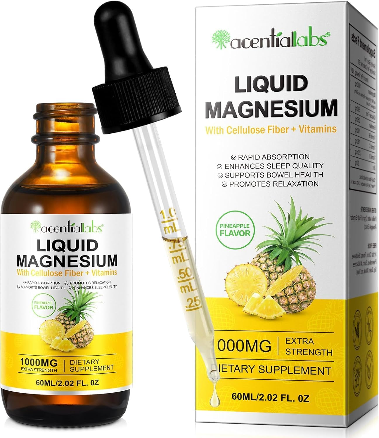 Liquid Magnesium 1000Mg | Magnesium Glycinate Liquid Drops with Cellulose Fiber, Bromelain, Vitamin B6, C, D, Zinc | Supports Muscle Relaxation, Sleep, Heart Health & Stress Relief | High Absorption Formula, Non-Gmo, Sugar-Free, Vegan Supplement | Pineapple Flavor | 60Ml