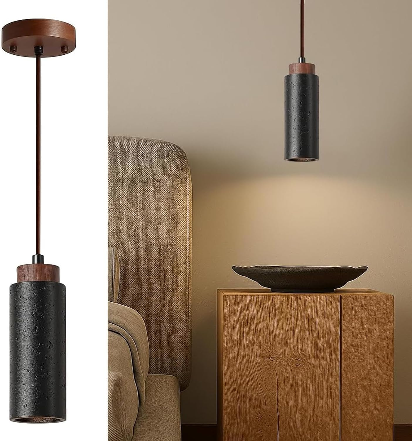 Pendant Light, Japanese Style Natural Travertine Pendant Lamp for Dining Room, Kitchen Island, Living Room,Handcrafted Natural Stone, Adjustable Drop for Different Ceiling Heights (Yellow,M)