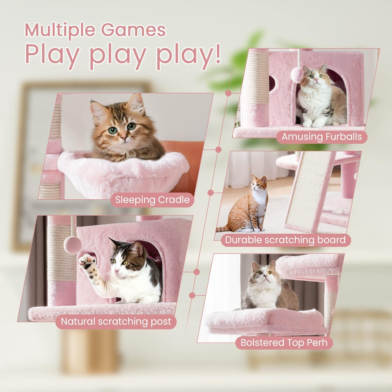 SHA CERLIN 68 Inches Multi-Level Large Cat Tree for Large Kitties/Big Cat Tower with Condo/Cozy Plush &zwnj;Pussycat Perches/Sisal Scratching Posts and Hammocks/Activity Center/Pink image number 4