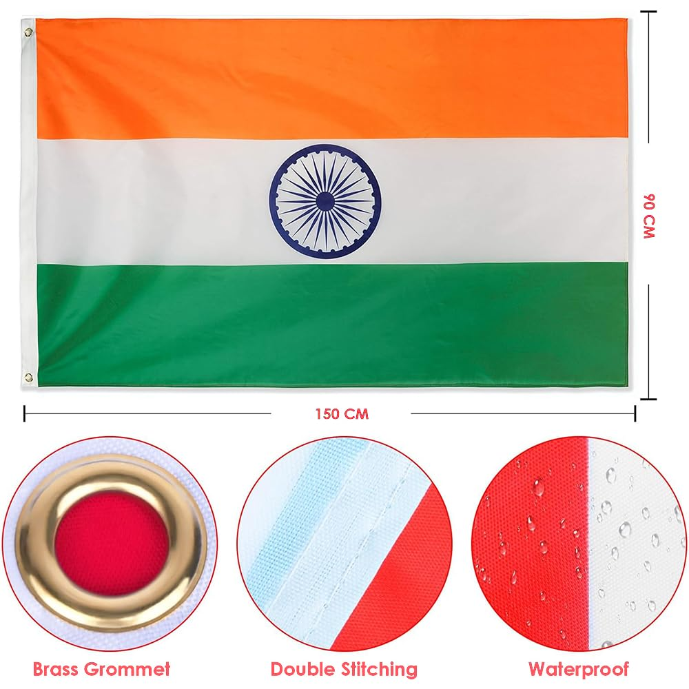 India Flag 90 * 150 Cm(3 * 5Ft),Indian Flag,Polyester Thickness, Fade Resistant, Brass Grommets, Canvas Header, Indoor/Outdoor, Vibrant Colors,Not Fear of Rain and Snow