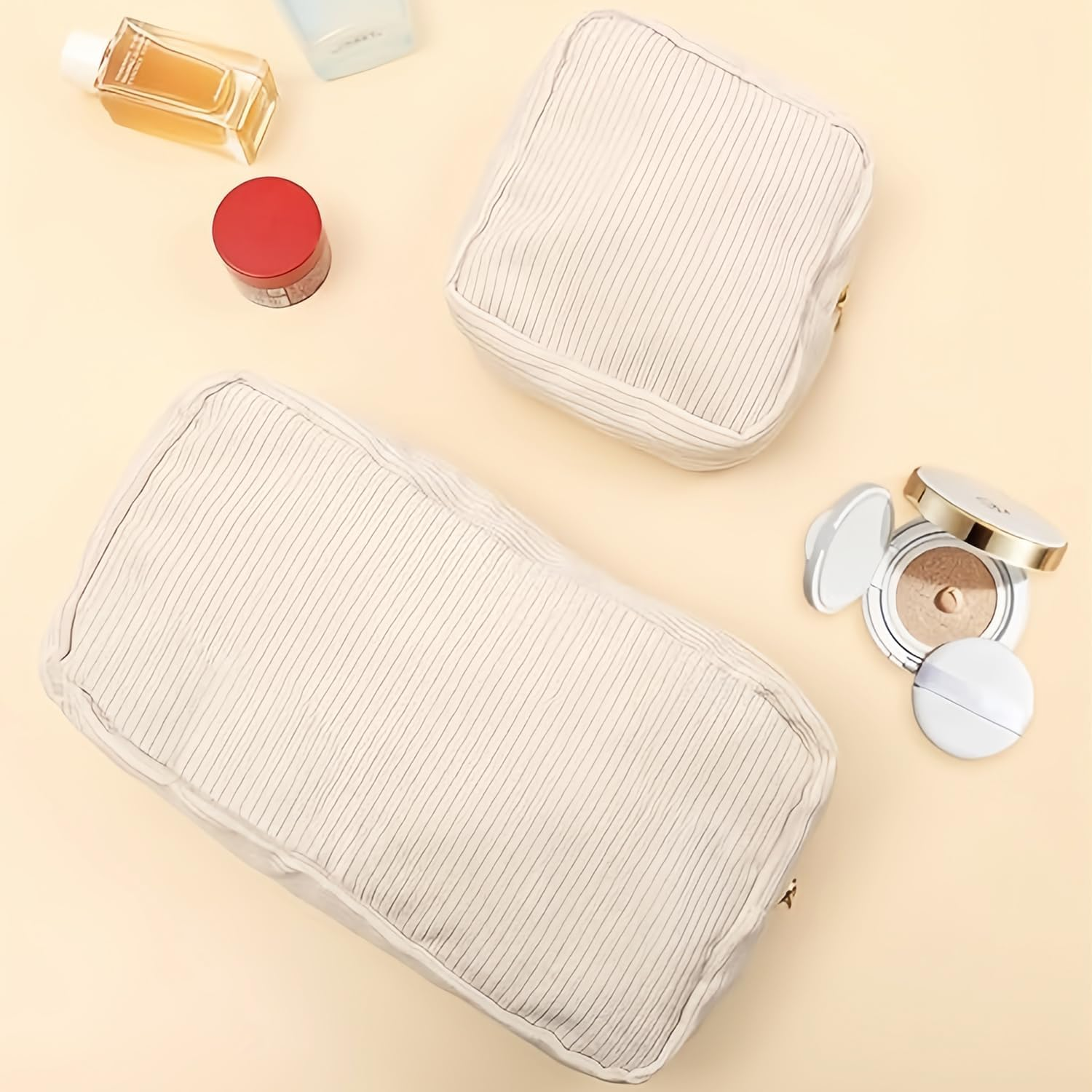 Cosmetic Bags for Women, Small, Small Cosmetic Bag, Cord Makeup Bag, Make up Bag with Compartments and Zip, Travel Cosmetic Bags, 2 Pieces, Beige Cosmetic Bag image number 2