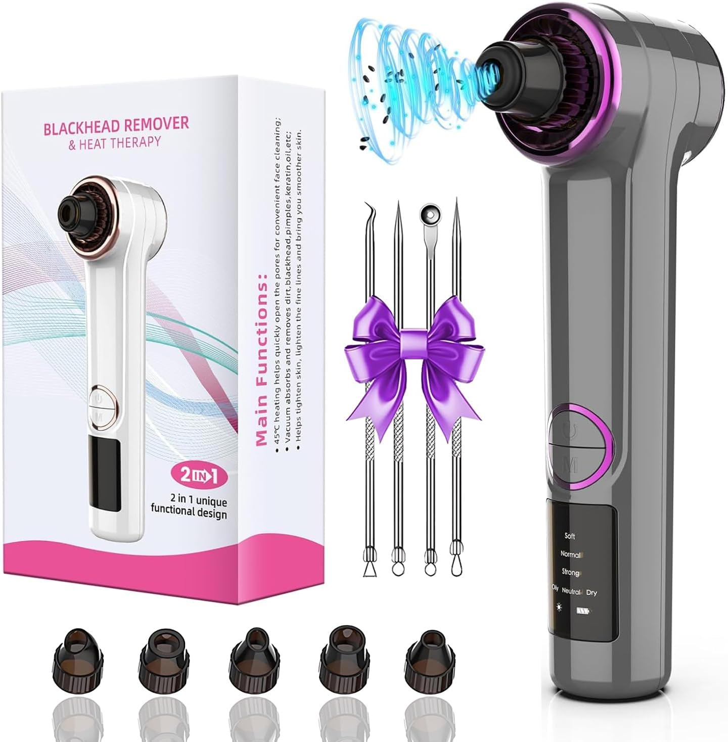 Blackhead Remover Vacuum, 2 in 1 Facial Pore Cleaner Electric, Vacuum Pore Cleansing Tool with Heating Mode, Electric Whitehead Remover with 5 Heads & 3 Suction Level, Comedone Extractor Kit image number 6