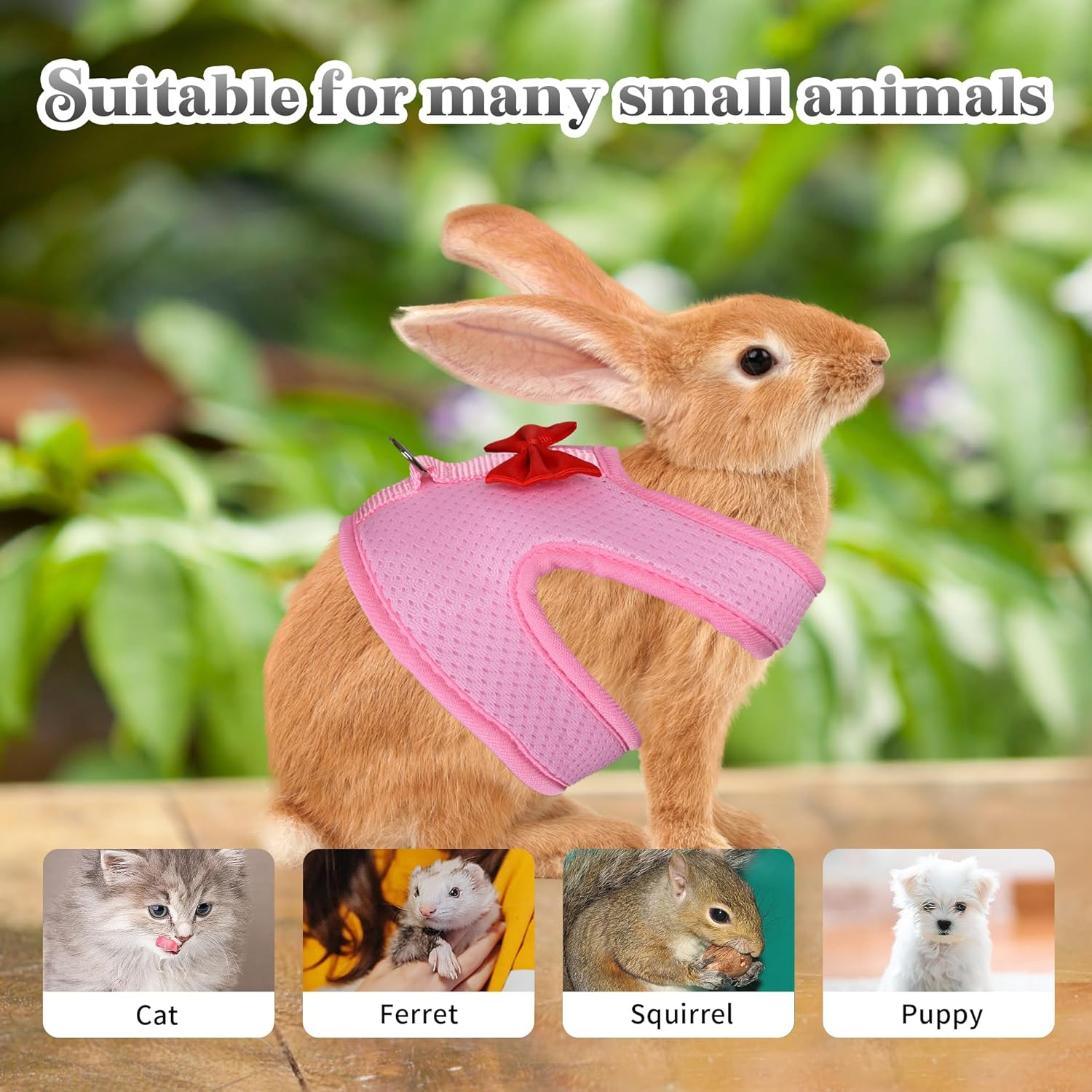 AIITLE Rabbit Harness and Leash Set with Cute Bow, Soft Breathable Mesh Vest Harness for Rabbits Kitten Ferret Puppy Small Pets Walking Supplies Pink S image number 2