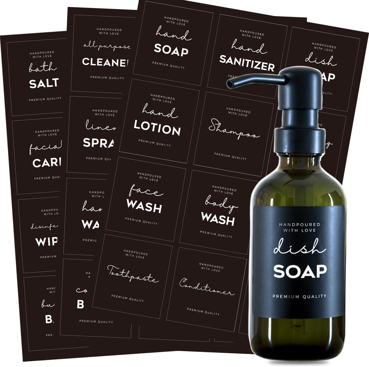 36 PCS Printed Label Stickers for Bottles, Prefdo Waterproof Minimalist Farmhouse Labels for Bathroom Kitchen Hand Soap Shampoo Conditioner Lotion Dispenser Bottles Containers(Black) image number 3