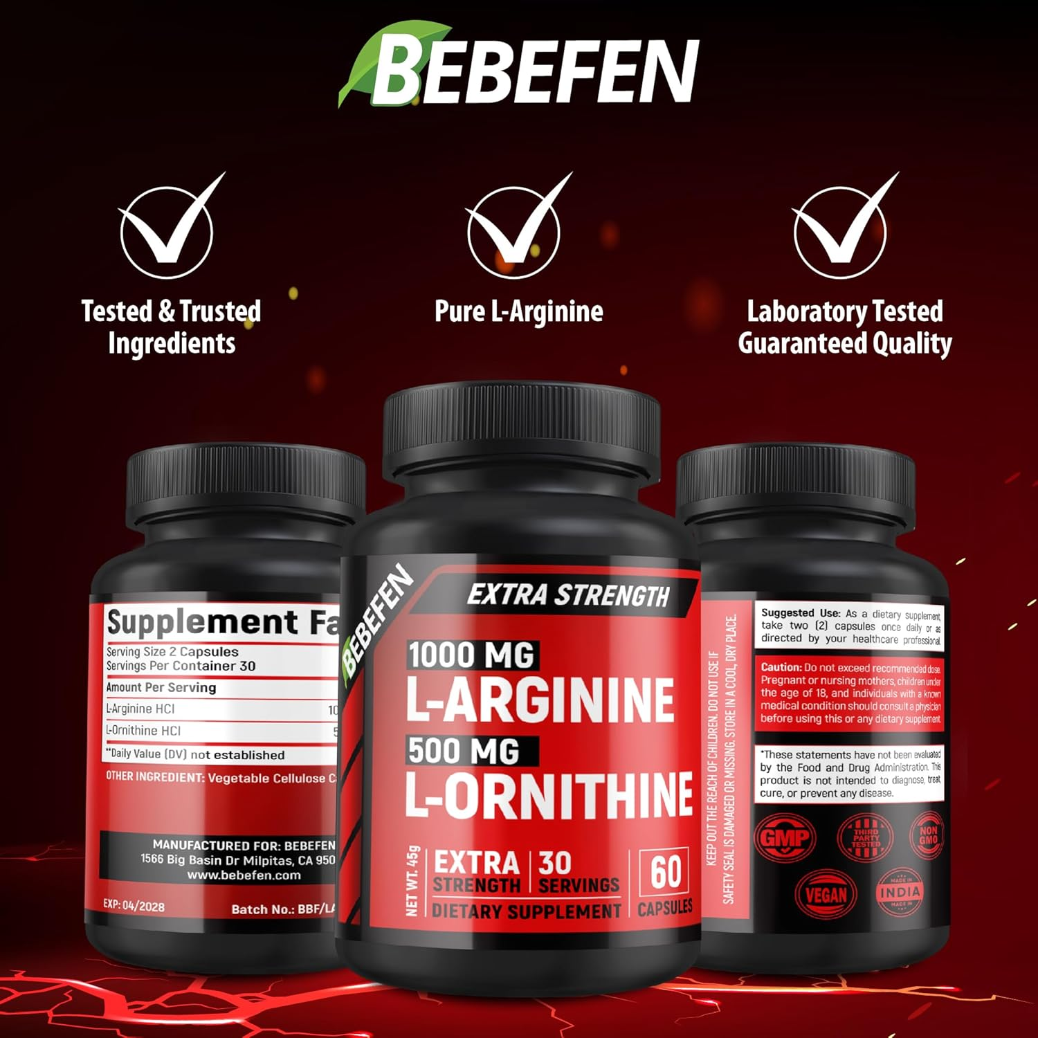 L-Arginine Hcl 1000 Mg + L-Ornithine Hcl 500 Mg &ndash; 60 Vegetarian Capsules &ndash; Supports Healthy Circulation image number 5