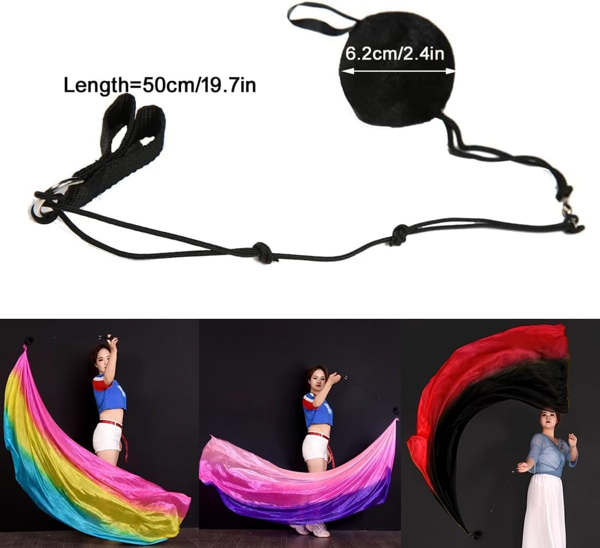 AIMALL 2-Pack Dance Silk Veil Poi Flags, Colorful Silk Belly Dance Scarves with Poi Balls for Dance Sports ，Black image number 3