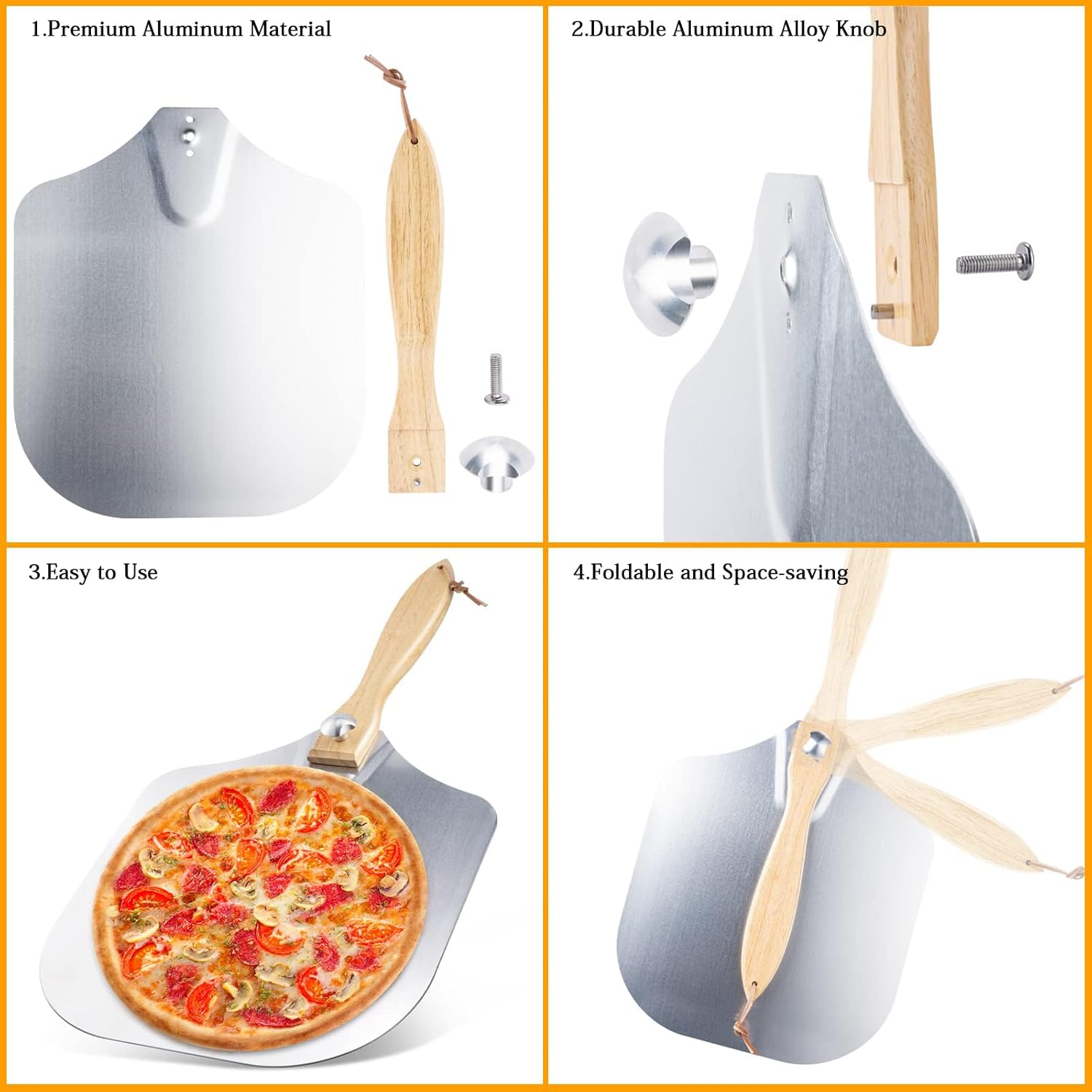 Ninonly Aluminum Pizza Peel 30.5X35.5Cm Pizza Paddle with Foldable Wood Handle, Metal Pizza Spatula with Rocker Cutter for Easy Storage&Clean, Pizza Tools for Pizza Oven Baking Pizza Bread Pastry