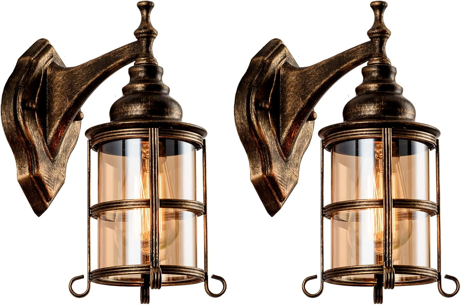 Rustic Amber Glass Wall Light 2-Pack, Bronze Brushed, Industrial Farmhouse Lamp Sconce Porch Lighting Waterproof Retro Lamp for Indoor Bedroom Living Room Outdoor（No Bulb）