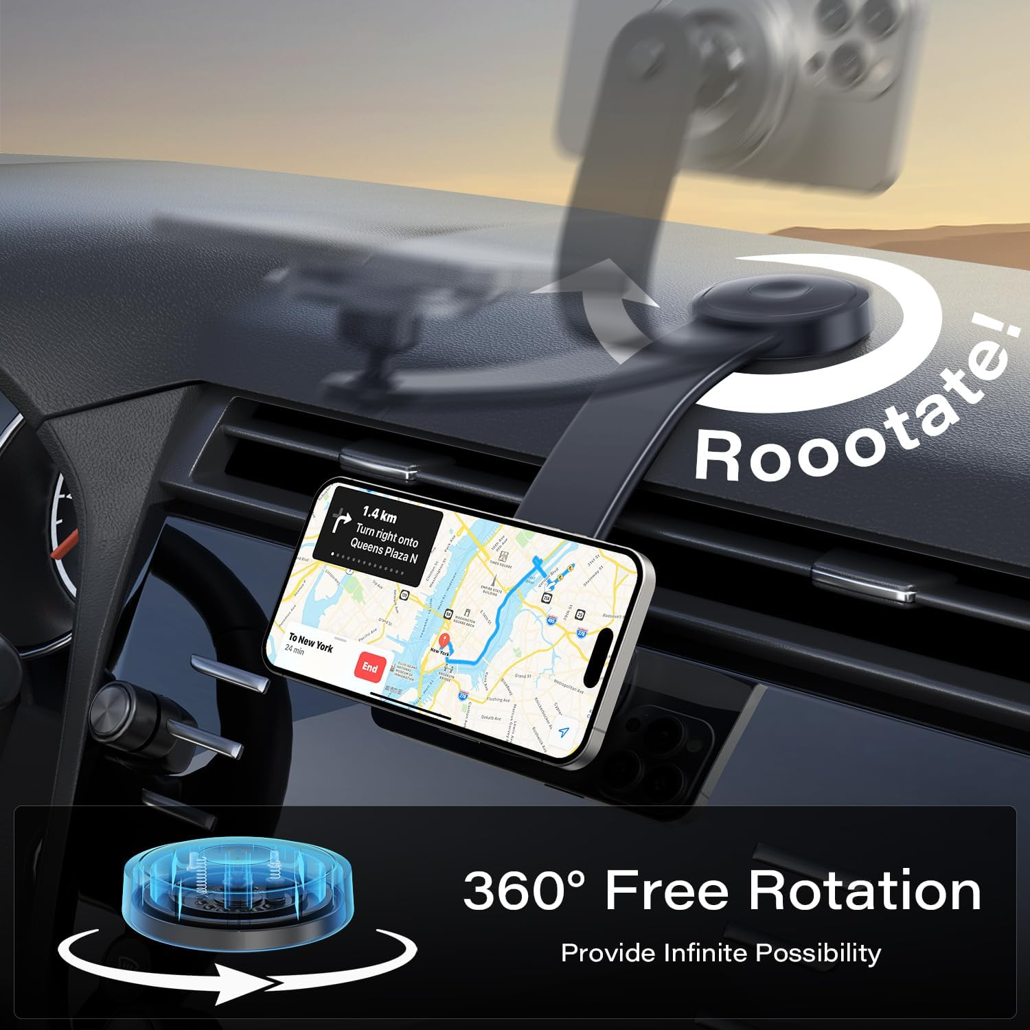 A2C Universal Magnetic Car Mount [2000G N54 Magnets & Metal Ring] for Iphone 16 15 14 13 12 Magsafe Case, Ultra Strong Magnet Dashboard Windshield 360&deg; Rotatable Phone Holder - Black image number 5